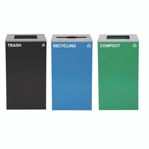 29 Gallon Trash/Recycling Cans, Steel, Blue Recycling Can/Mixed Lid, Green Compost Can and Black Trash Can with Square Lids