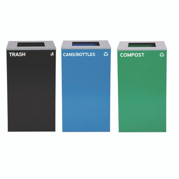 29 Gallon Trash/Recycling Cans, Steel, Blue Cans/Bottles Recycling Can, Green Compost Can, Black Trash Can with Square Lids