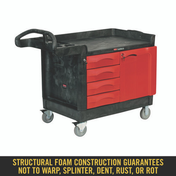 TradeMaster Cart with One Door, Plastic, 3 Shelves, 4 Drawers, 750 lb Capacity, 26.25" x 49" x 38", Black