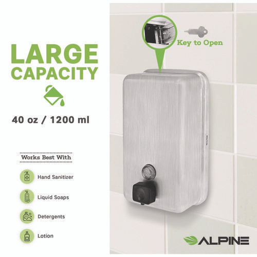 Vertical Manual Surface-Mounted Stainless Steel Liquid Soap Dispenser, 40 oz, 2.8 x 4.8 x 8.1, Brushed Stainless Steel