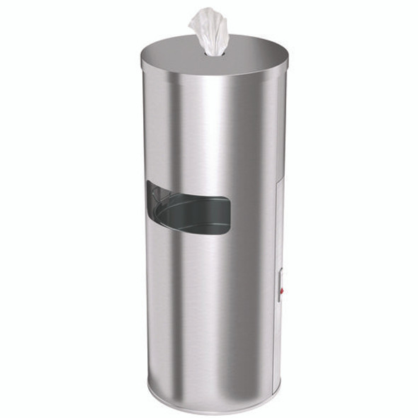 Side-Entry Trash Can with Gym Wipe Dispenser, 9 gal, Stainless Steel, Silver