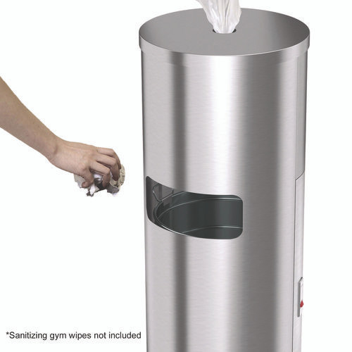 Side-Entry Trash Can with Gym Wipe Dispenser, 9 gal, Stainless Steel, Silver