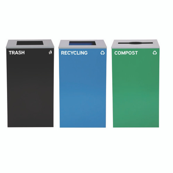 29 Gallon Trash/Recycling Cans, Steel, Blue Recycling Can and Black Trash Can w/Square Lids, Green Compost Can with Mixed Lid