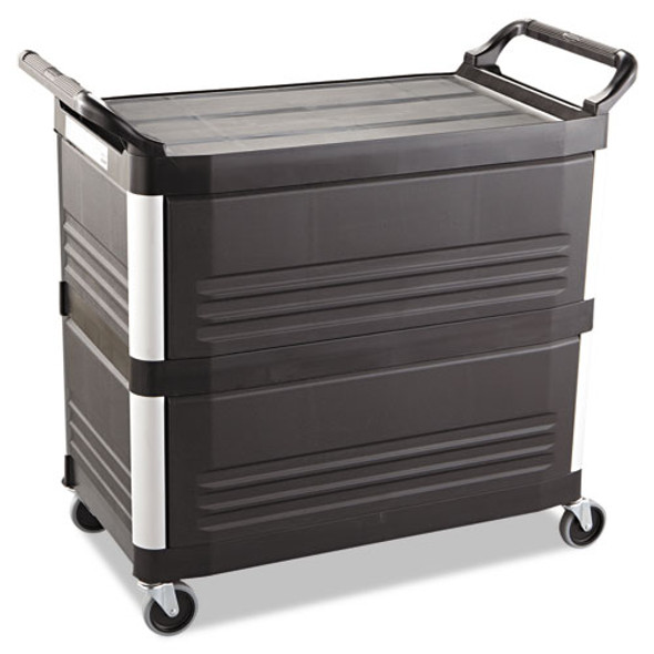 Xtra Utility Cart with Enclosed Sides and Back, Plastic, 3 Shelves, 300 lb Capacity, 20" x 40.63" x 37.8", Black