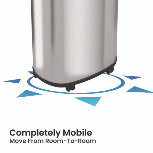 Open Top Trash Can with Wheels, Oval, 16 gal, Plastic/Stainless Steel, Silver