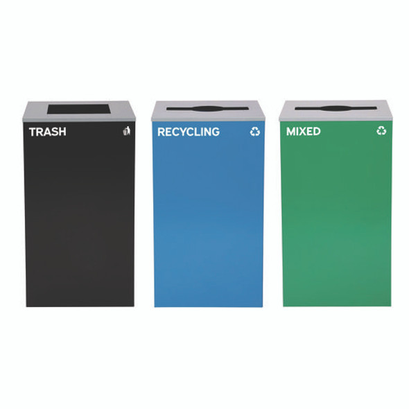 29 Gallon Trash/Recycling Cans, Steel, Blue Recycling and Green Mixed Recycling Can w/Mixed Lids, Black Trash Can w/Sq Lid