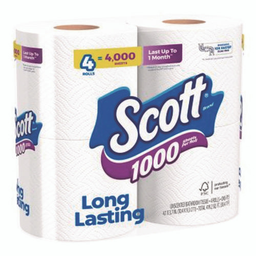 1000 Bathroom Tissue, Septic Safe, 1-Ply, White, 1,000 Sheets/Roll, 4 Rolls/Pack, 12 Packs/Carton