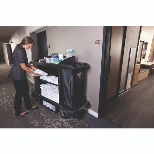 Housekeeping Cart, Plastic, 3 Shelves, 2 Bins, 22" x 60" x 50", Black