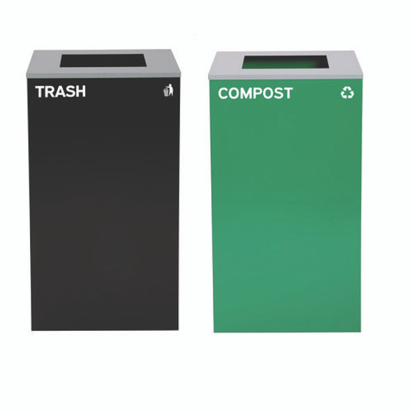 29 Gallon Trash/Recycling Cans, Steel, Green Compost Can with Square Lid, Black Trash Can with Square Lid