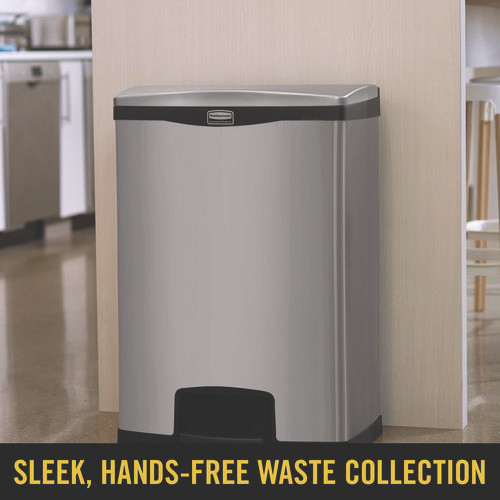 Slim Jim Stainless Steel Step-On Container, Front Step Style, 13 gal, Stainless Steel, Black