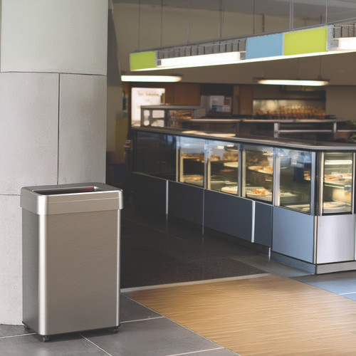 Open Top Trash Can with Wheels, Rectangular, 16 gal, Plastic/Stainless Steel, Silver