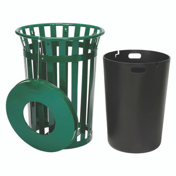 Outdoor Slatted Steel Trash Can, 36 gal, Green