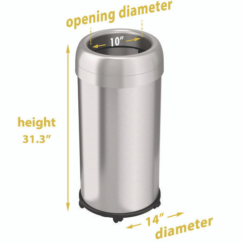 Open Top Trash Can with Wheels, Round, 16 gal, Plastic/Stainless Steel, Silver