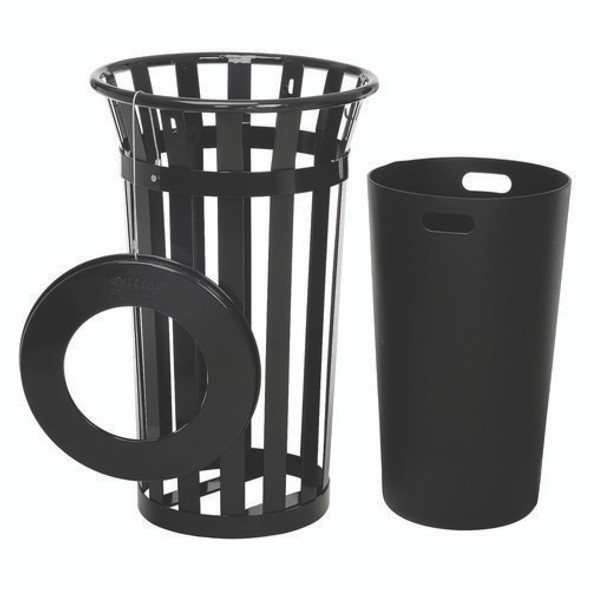 Outdoor Slatted Steel Trash Can, 24 gal, Black