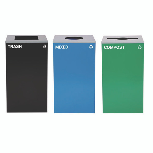 29 Gallon Trash/Recycling Cans, Steel, Blue Mixed Recycling w/Circle Lid, Green Compost w/Mixed Lid, Black Trash w/Square Lid