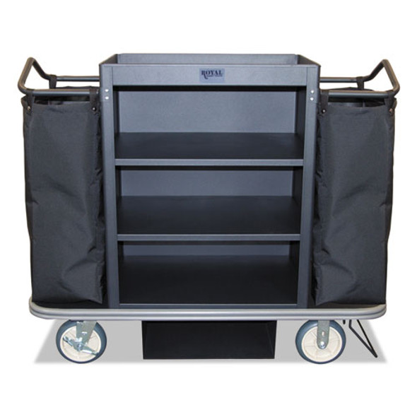 Deluxe Housekeeping Cart, Plastic, 4 Shelves, 2 Bins, 55" x 47" x 47", Black