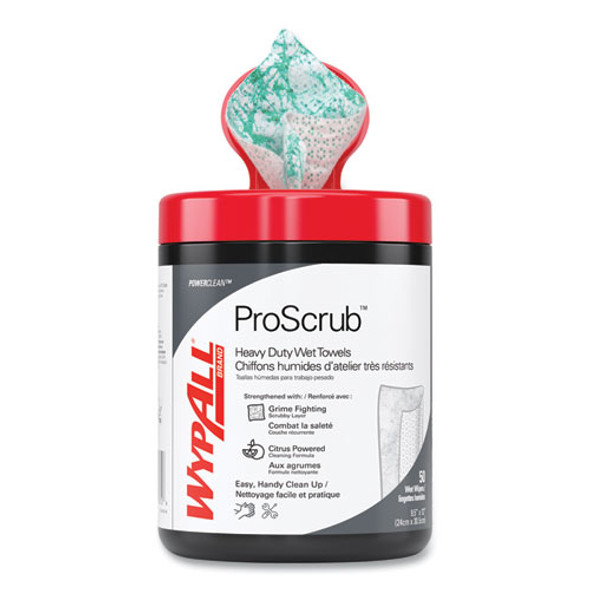 Power Clean ProScrub Pre-Saturated Wipes, 12 x 9.5, Citrus Scent, Green/White, 50/Canister, 8 Canisters/Carton
