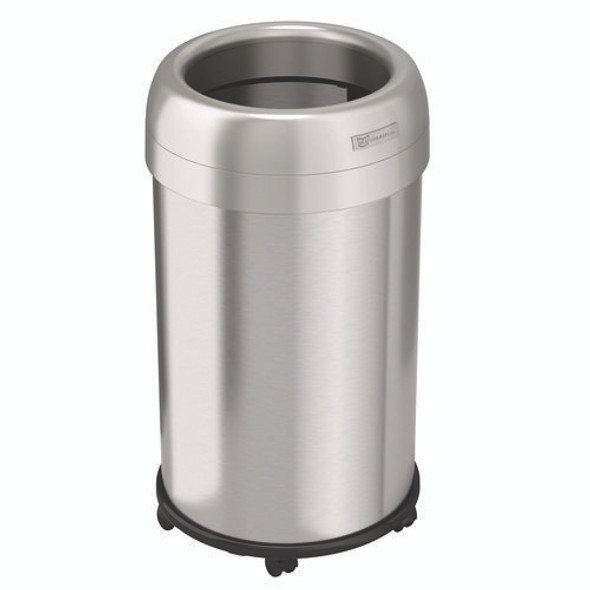Open Top Trash Can with Wheels, Round, 13 gal, Plastic/Stainless Steel, Silver