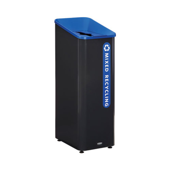 Sustain Decorative Refuse with Recycling Lid, 15 gal, Metal/Plastic, Black/Blue