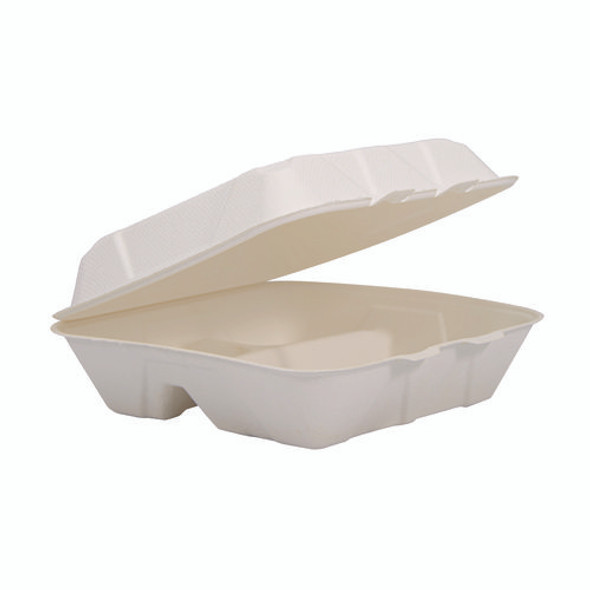 Compostable Molded Fiber Hinged Trays, ProPlanet Seal, 3 Compartments, 9.25 x 9.45 x 2.17, Ivory, 200/Carton