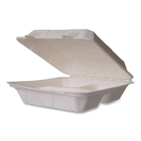 White Molded Fiber Clamshell Containers, Compostable, 3 Compartments, 9 x 18 x 2, White, Sugarcane, 200/Carton White Molded Fiber Clamshell Containers, Compostable, 3 Compartments, 9 x 18 x 2, White, Sugarcane, 200/Carton