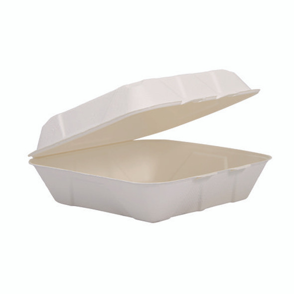 Compostable Molded Fiber Hinged Trays, ProPlanet Seal, 8.98 x 9.35 x 2.17, Ivory, 200/Carton