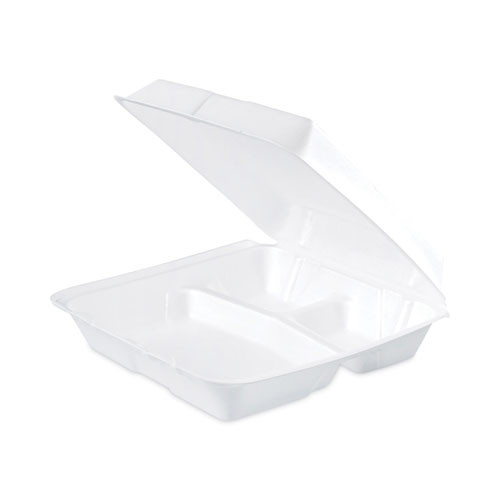 Insulated Foam Hinged Lid Containers, 3 Compartments, 9.3 x 9.5 x 3, White, 100/Sleeve, 2 Sleeves/Carton