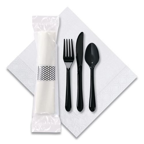 CaterWrap Cater to Go Express Cutlery Kit, Heavyweight, Fork/Knife/Napkin/Spoon, Plastic, Black, 100/Carton