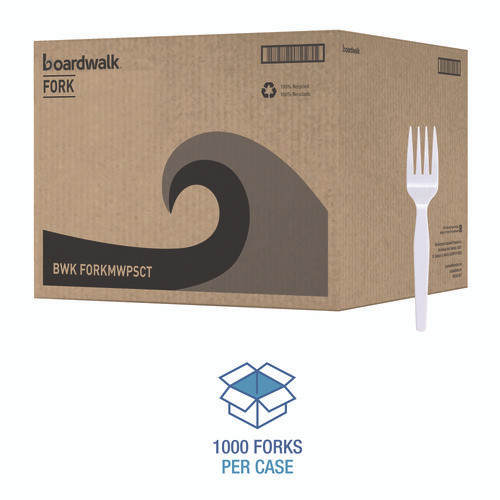 Mediumweight Polystyrene Cutlery, Fork, Plastic, White, 100/Box, 10 Boxes/Carton