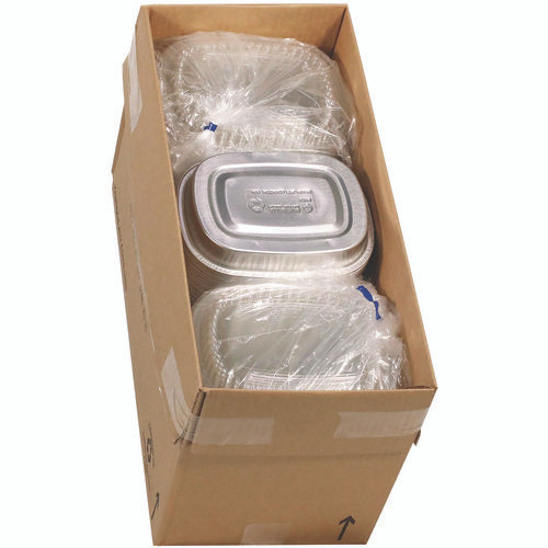 Classic Carry-Out Container with PET Dome Lid, 22 oz, 8.2 x 6.2 x 1.3, Silver/Clear, Aluminum, 100/Carton