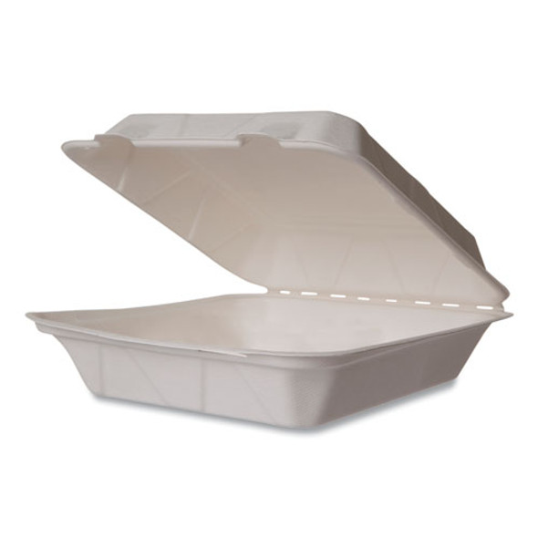 White Molded Fiber Clamshell Containers, Compostable, 9 x 9 x 3, White, Sugarcane, 200/Carton