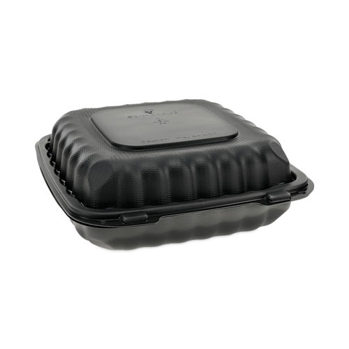 EarthChoice SmartLock Microwavable MFPP Hinged Lid Container, 3 Compartments, 9.33 x 8.88 x 3.1, Black, Plastic, 120/Carton