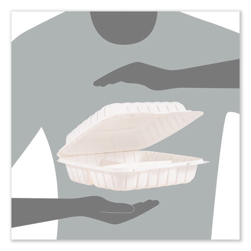 Hinged Lid Containers, 3 Compartments, 9 x 8.75 x 3, White, Plastic, 150/Carton