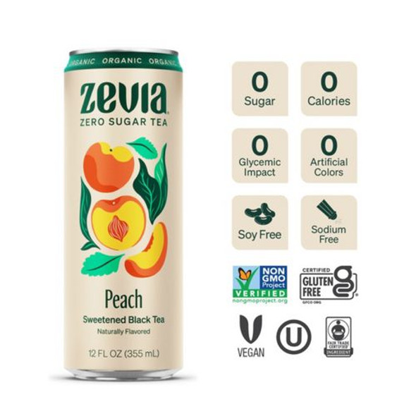 Zero Sugar Naturally Sweetened Black Tea, Peach Black Tea, 12 oz Can, 12/Carton