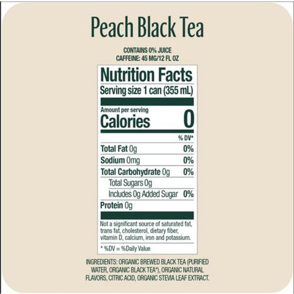 Zero Sugar Naturally Sweetened Black Tea, Peach Black Tea, 12 oz Can, 12/Carton