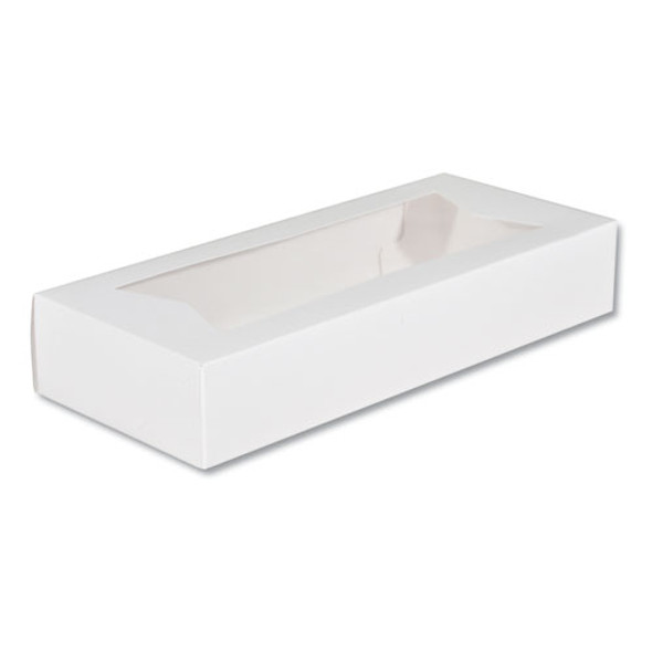 White Window Bakery Boxes with Attached Flip Top, 4-Corner Beers Design, 12.5 x 5.5 x 2.25, White, Paper, 200/Carton White Window Bakery Boxes with Attached Flip Top, 4-Corner Beers Design, 12.5 x 5.5 x 2.25, White, Paper, 200/Carton