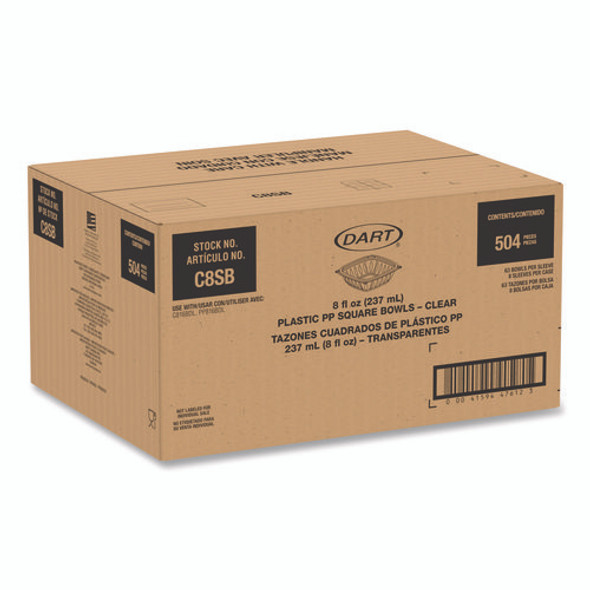 Square Plastic Bowls, 8 oz, 8.5 x 8.5 x 1.51, Clear, Plastic, 63 Bowls/Sleeve, 8 Sleeves/Carton