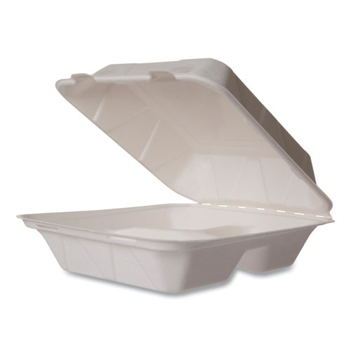 White Molded Fiber Clamshell Containers, Compostable, 3 Compartments, 7.9 x 7.9 x 2.9, White, Sugarcane, 200/Carton