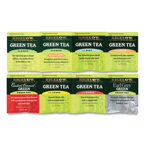 Green Tea Assortment, Individually Wrapped, Eight Flavors, 64 Tea Bags/Box