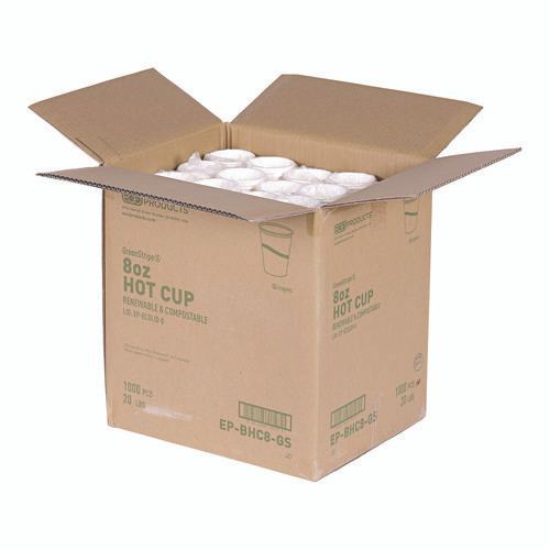 GreenStripe Renewable and Compostable Hot Cups, 8 oz, Paper, White/Green, 50/Pack, 20 Packs/Carton