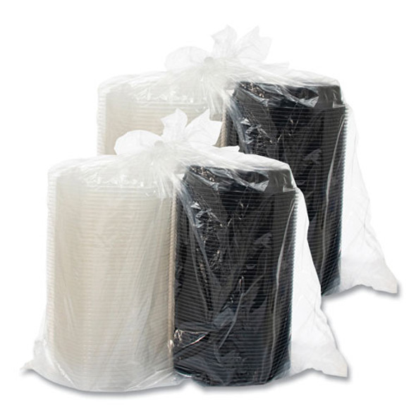 OctaView Hinged-Lid Hot Food Containers, 3 Compartments, 38 oz, 9.55 x 9.1 x 2.4, Black/Clear, Plastic, 100/Carton