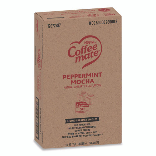 Liquid Coffee Creamer, Peppermint Mocha, 0.38 oz Mini Cups, 50/Box, 4 Boxes/Carton