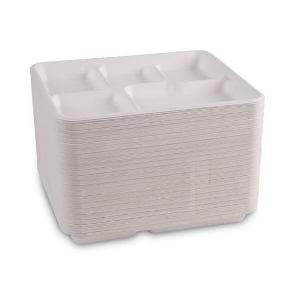 Bagasse Dinnerware, 5-Compartment Tray, Sugarcane, 10 x 8, White, 500/Carton