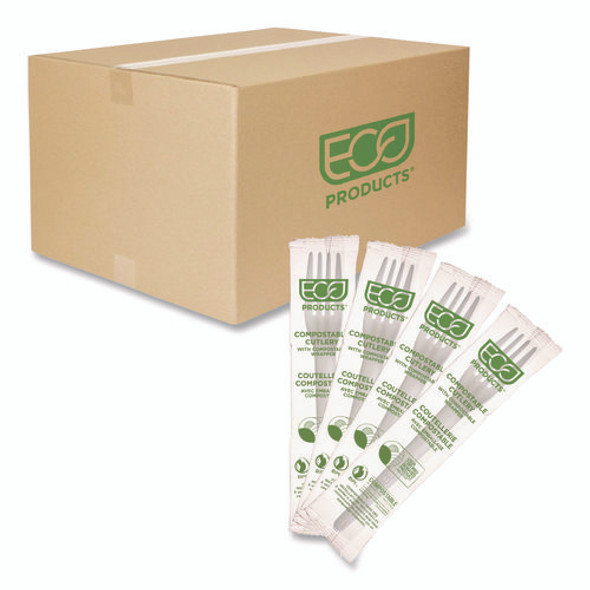 Plantware CPLA Cutlery, Individually Wrapped, Fork, White, 1,000/Carton