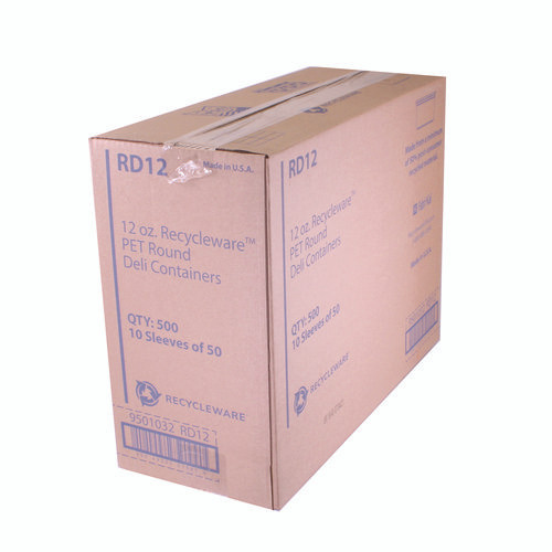 Recycleware Round Deli Container, 12 oz, 4.6" Diameter x 2.3" h, Clear, Plastic, 500/Carton