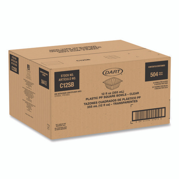 Square Plastic Bowls, 12 oz, 8.5 x 8.5 x 2.64, Clear, Plastic, 63 Bowls/Sleeve, 8 Sleeves/Carton