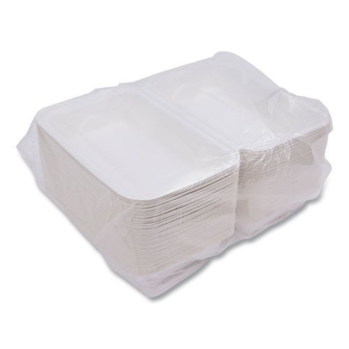 Vanguard Renewable and Compostable Sugarcane Clamshells, 9 x 6 x 3, White, 250/Carton
