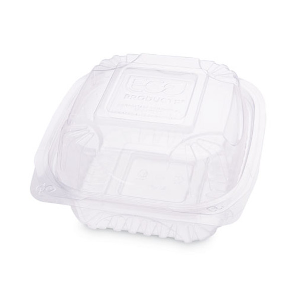 Renewable and Compostable Clear Clamshell Hinged Food Containers, 6 x 6 x 3, Plastic, 80/Pack, 3 Packs/Carton