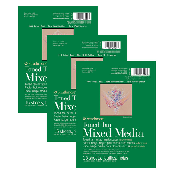 400 Series Mixed Media Pad, Toned Tan, Glue Binding, 15 Sheet, 6x8 inch, Pack of 3