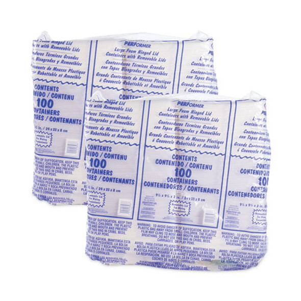 Foam Hinged Lid Container, Performer Perforated Lid, 9.3 x 9.5 x 3, White, 100/Bag, 2 Bag/Carton